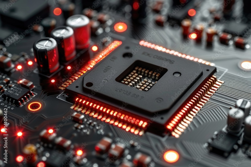 Close-up of a Microchip on a Circuit Board with Red Lights Close-up of a Microchip on a Circuit Board with Red Lights