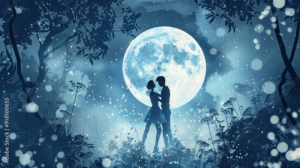 Obraz premium A couple stands close, enjoying a romantic moment illuminated by a bright full moon