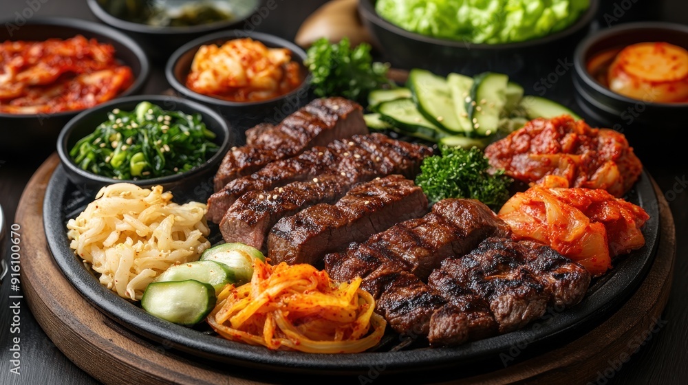 Korean BBQ Platter with Grilled Meat, Kimchi and Side Dishes Korean BBQ Platter with Grilled Meat, Kimchi and Side Dishes