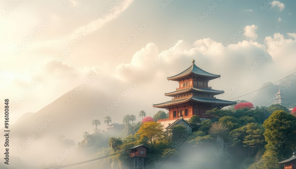 Ancient Japanese Temple in a Misty Mountain Landscape. Ancient Japanese Temple in a Misty Mountain Landscape.