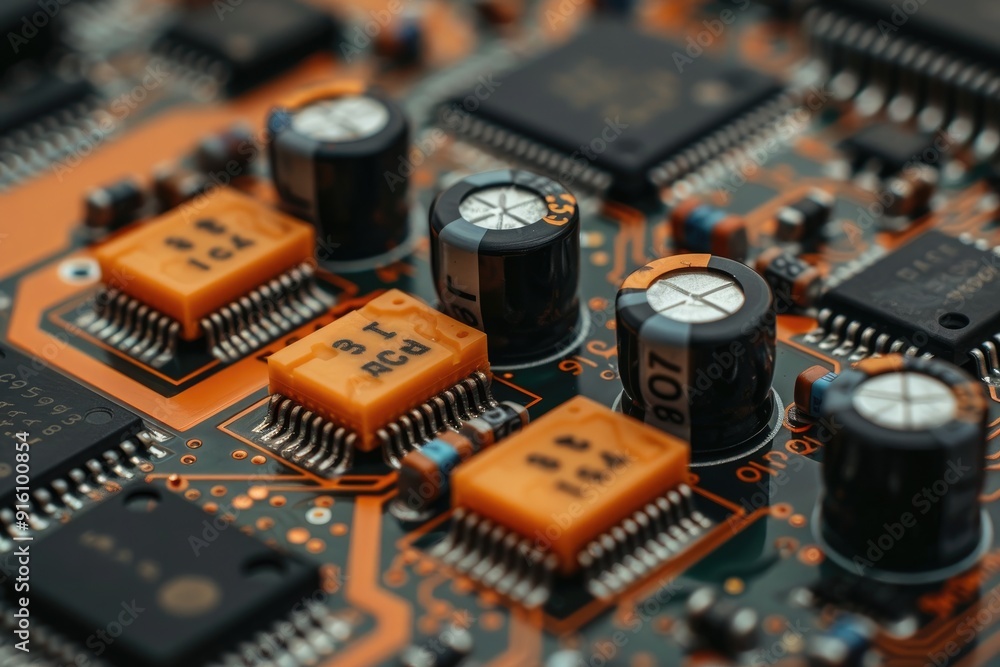 Close-up of Electronic Components on a Circuit Board