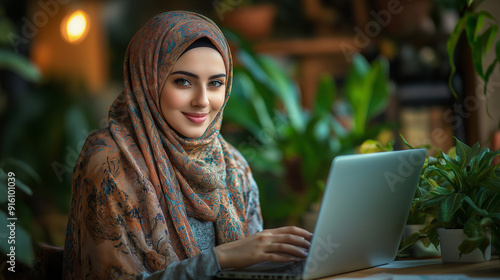 Smiling Muslim Woman in Hijab Working on Laptop and Talking on Phone for Modern Business and Technology Photography Themes photo