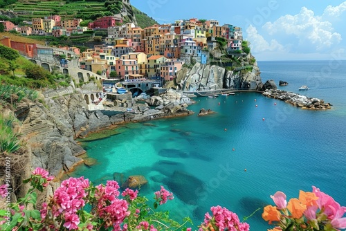 Colorful Italian Village Perched on Cliffs Overlooking a Turquoise Sea