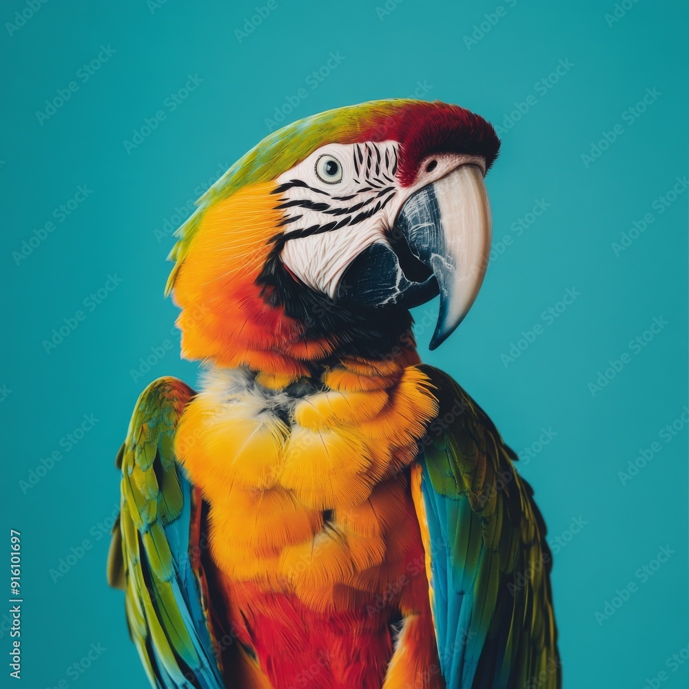 Fototapeta premium Vibrant Macaw Portrait on a Solid Turquoise Background: Highlighting the Colorful Plumage and Striking Features of the Exotic Bird
