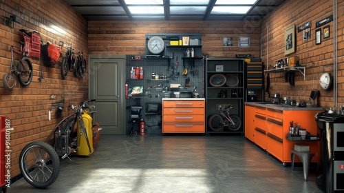 A well-organized garage displays tools and bikes neatly arranged against brick walls and gray flooring