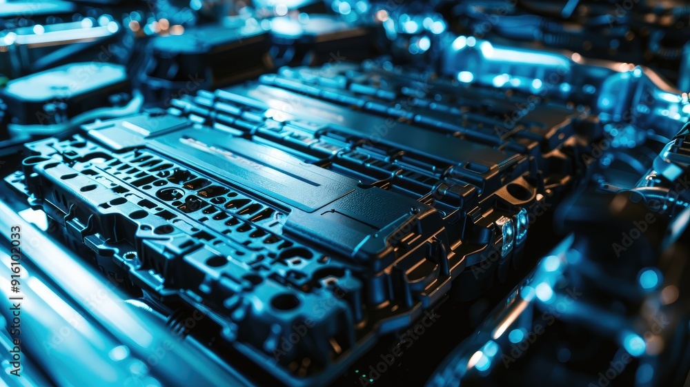 Close-up of electric vehicle battery in futuristic setting, emitting blue glow Close-up of electric vehicle battery in futuristic setting, emitting blue glow