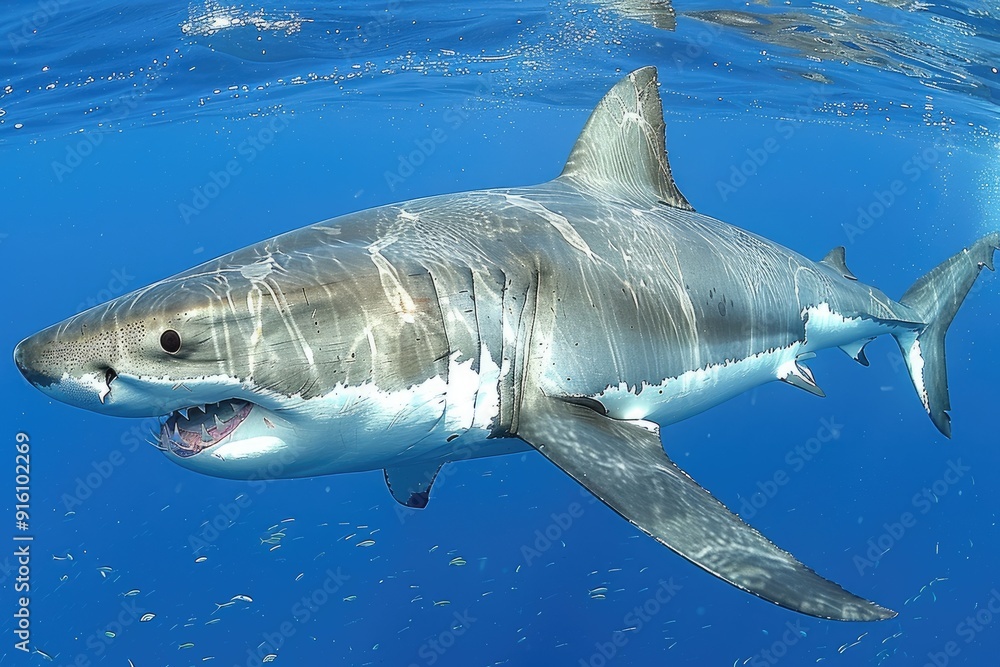 Fototapeta premium Great White Shark Swimming in Blue Ocean Water