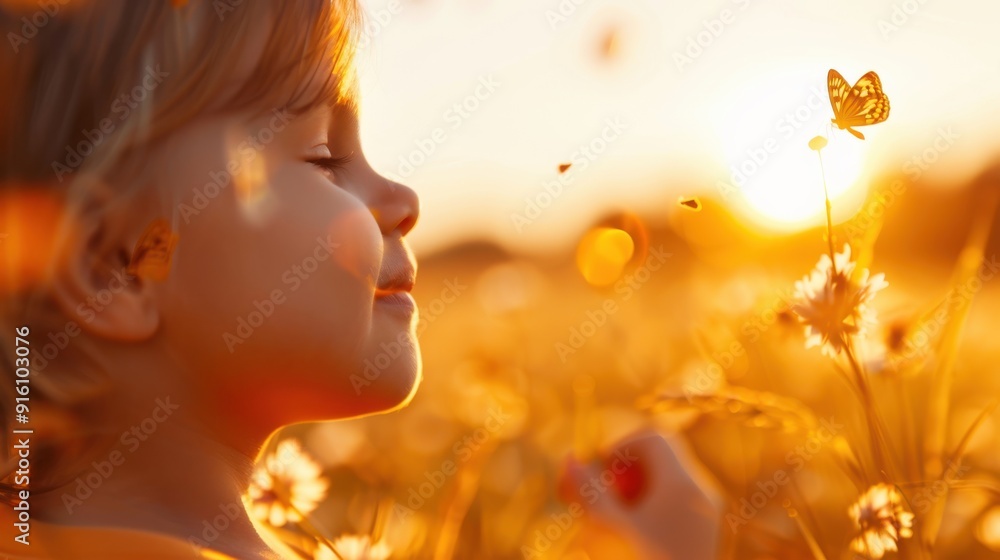Fototapeta premium A child sitting in a field while the sun sets, bathed in the warm, golden hues of the golden hour, surrounded by flowers and captivated by a butterfly.