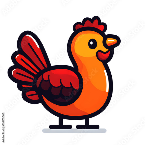 A cartoon chicken with a red beak and orange feathers