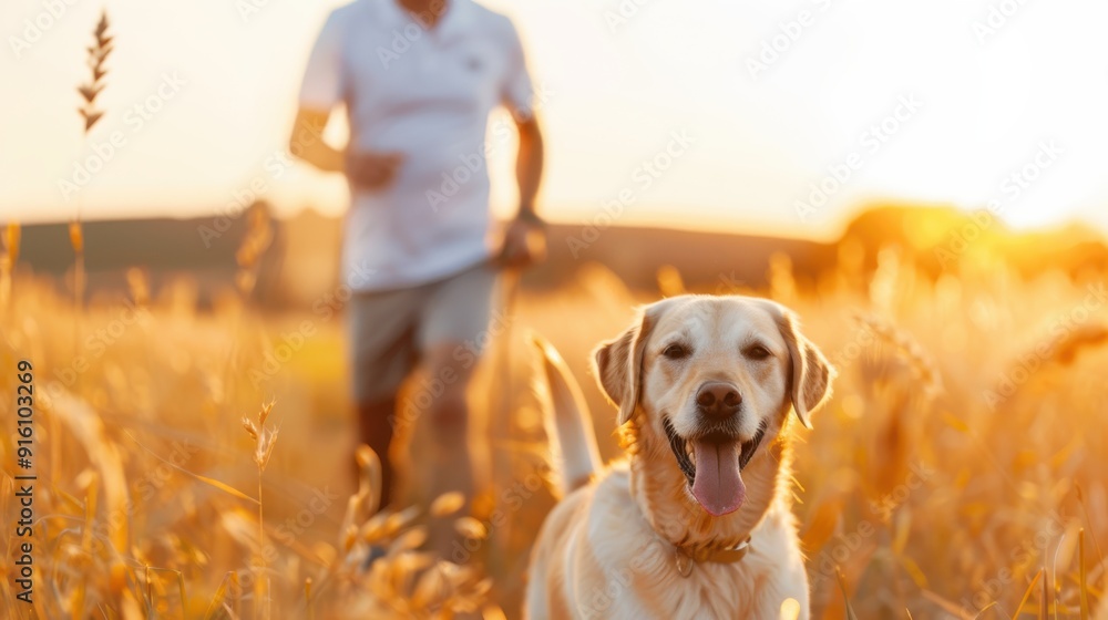 A joyful dog is running through a golden field at sunset while a person follows behind, creating a scene of happiness and freedom in a natural setting. A joyful dog is running through a golden field at sunset while a person follows behind, creating a scene of happiness and freedom in a natural setting.