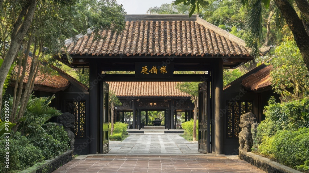 A traditional wooden gate with an ornate roof leads to a beautiful, tranquil garden. A traditional wooden gate with an ornate roof leads to a beautiful, tranquil garden.