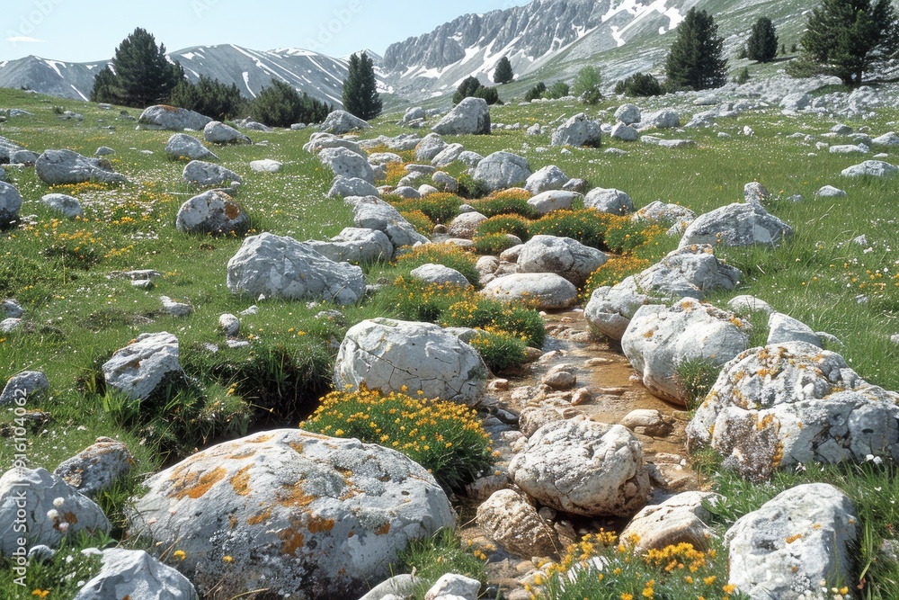 Mountain Stream Winding Through Boulders and Wildflowers Mountain Stream Winding Through Boulders and Wildflowers