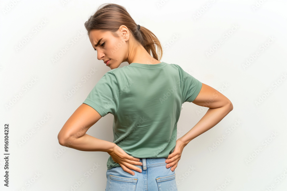 A woman with a pained expression, holding her lower back while wearing a green shirt. A woman with a pained expression, holding her lower back while wearing a green shirt.
