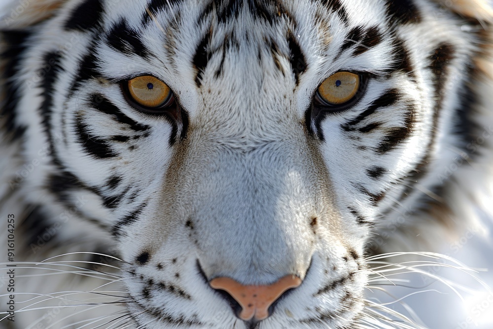 Fototapeta premium Close-up of a White Tiger's Face with Striking Yellow Eyes