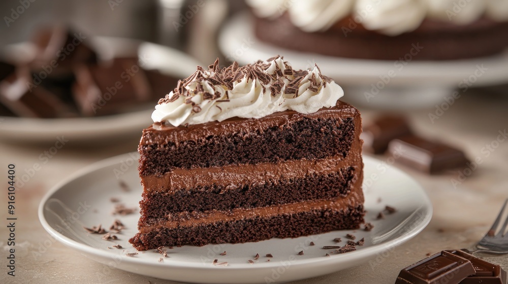 A slice of chocolate cake with whipped cream A slice of chocolate cake with whipped cream