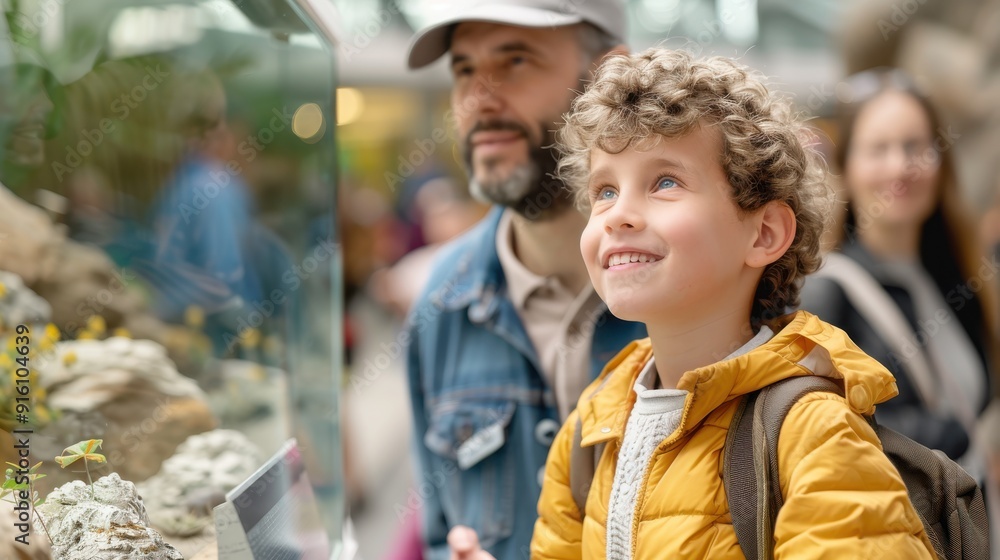 Obraz premium A father and son smile together while enjoying an educational visit to the aquarium, gazing at marine life and sharing a bonding experience that blends learning and fun.