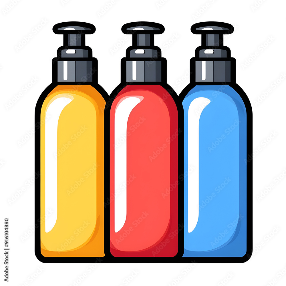 Three bottles of different colored liquid, one yellow, one red, and one blue Three bottles of different colored liquid, one yellow, one red, and one blue