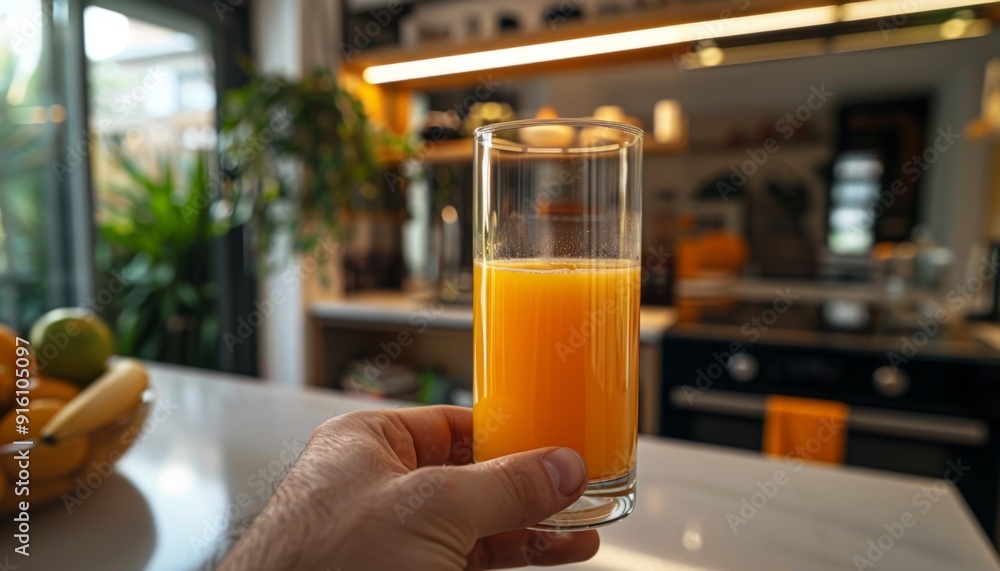 Glass of orange juice on a table with blurred kitchen background. Glass of orange juice on a table with blurred kitchen background.