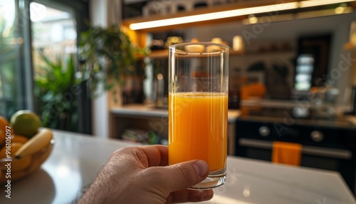 Glass of orange juice on a table with blurred kitchen background.