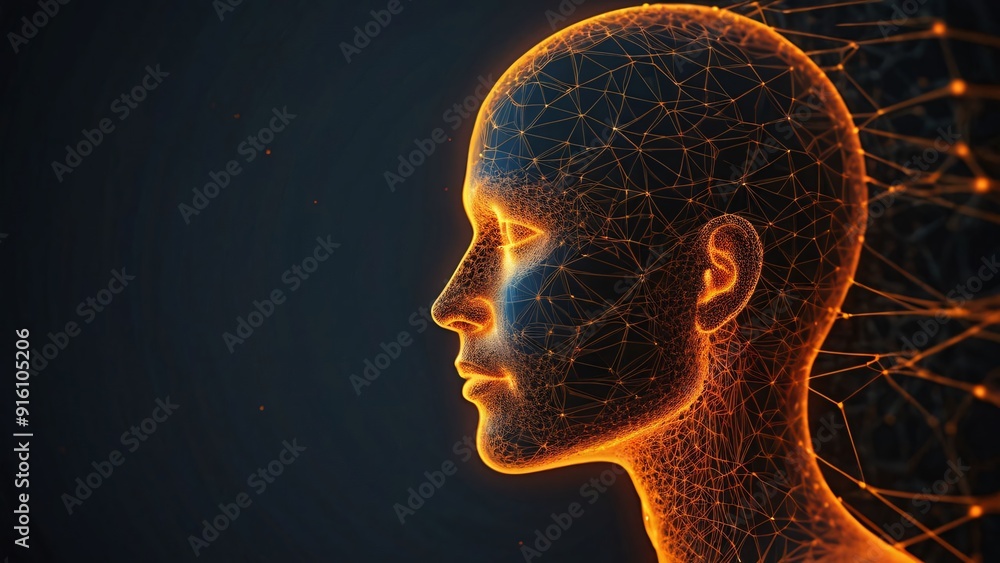 Dgital profile, glowing particles, neural network, artificial intelligence, futuristic, technological, consciousness, data visualization, golden light, dark background, human silhouette, interconnect Dgital profile, glowing particles, neural network, artificial intelligence, futuristic, technological, consciousness, data visualization, golden light, dark background, human silhouette, interconnect