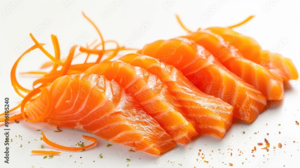 Fresh, sliced salmon sashimi garnished with carrot strips