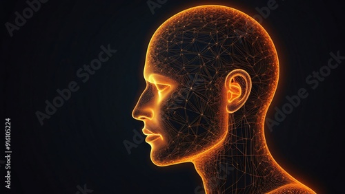 Dgital profile, glowing particles, neural network, artificial intelligence, futuristic, technological, consciousness, data visualization, golden light, dark background, human silhouette, interconnect photo