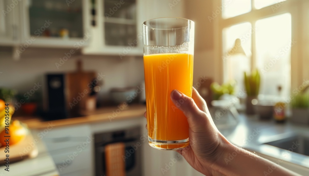 Glass of orange juice on a table with blurred kitchen background. Glass of orange juice on a table with blurred kitchen background.