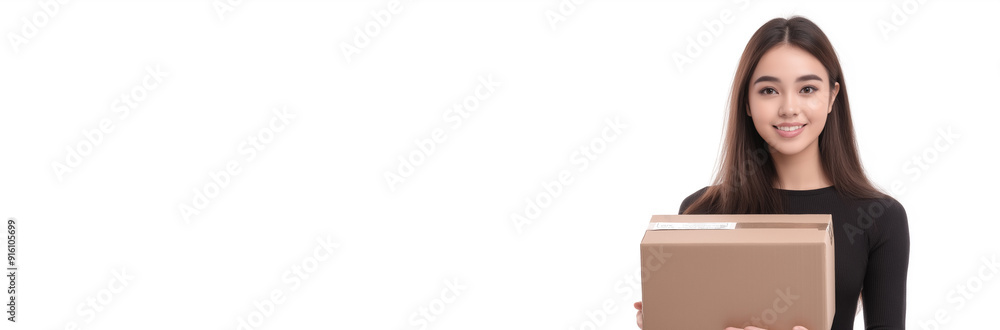Smiling Woman Holding a Cardboard Box for Delivery and Packaging Themes in White Background Photography Smiling Woman Holding a Cardboard Box for Delivery and Packaging Themes in White Background Photography
