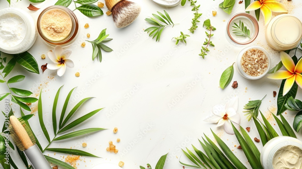 Promotion of cosmetic products with natural elements on white background. Promotion of cosmetic products with natural elements on white background.