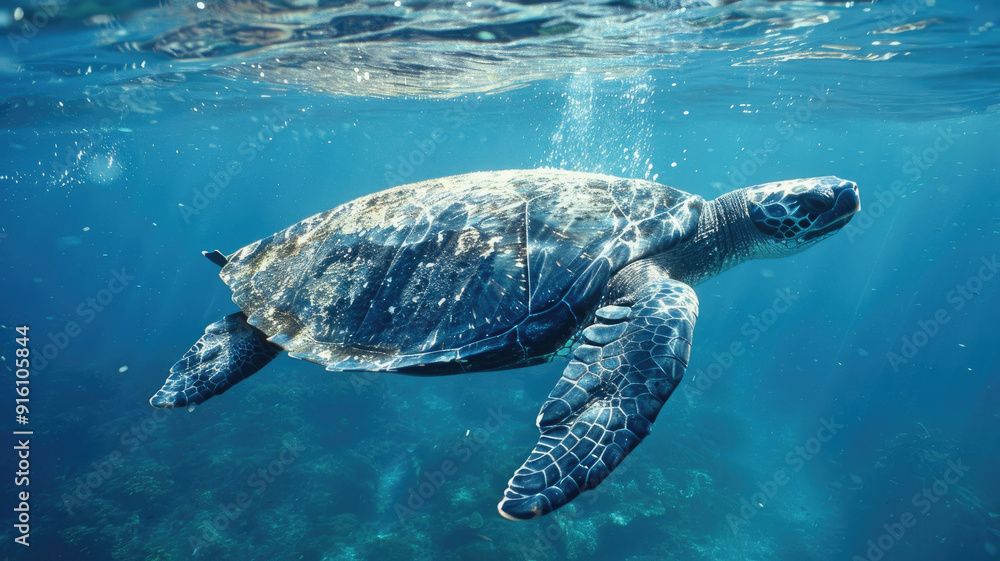 Fototapeta premium Sea turtle swimming underwater with clear blue water background