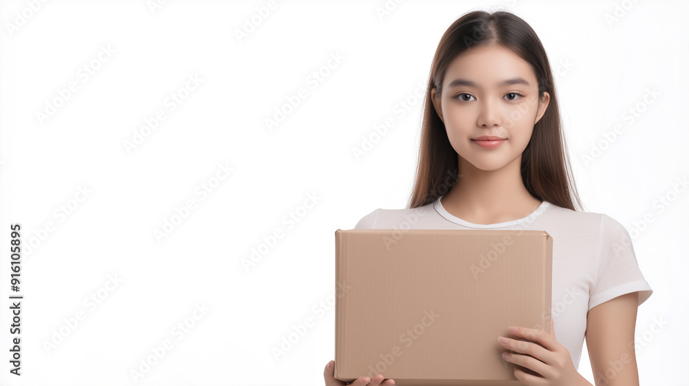 Smiling Woman Holding a Cardboard Box for Delivery and Packaging Themes in White Background Photography Smiling Woman Holding a Cardboard Box for Delivery and Packaging Themes in White Background Photography