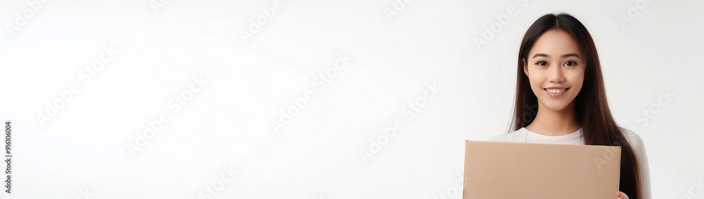 Smiling Woman Holding a Cardboard Box for Delivery and Packaging Themes in White Background Photography Smiling Woman Holding a Cardboard Box for Delivery and Packaging Themes in White Background Photography