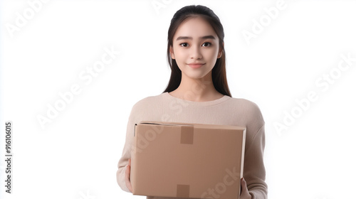 Smiling Woman Holding a Cardboard Box for Delivery and Packaging Themes in White Background Photography photo