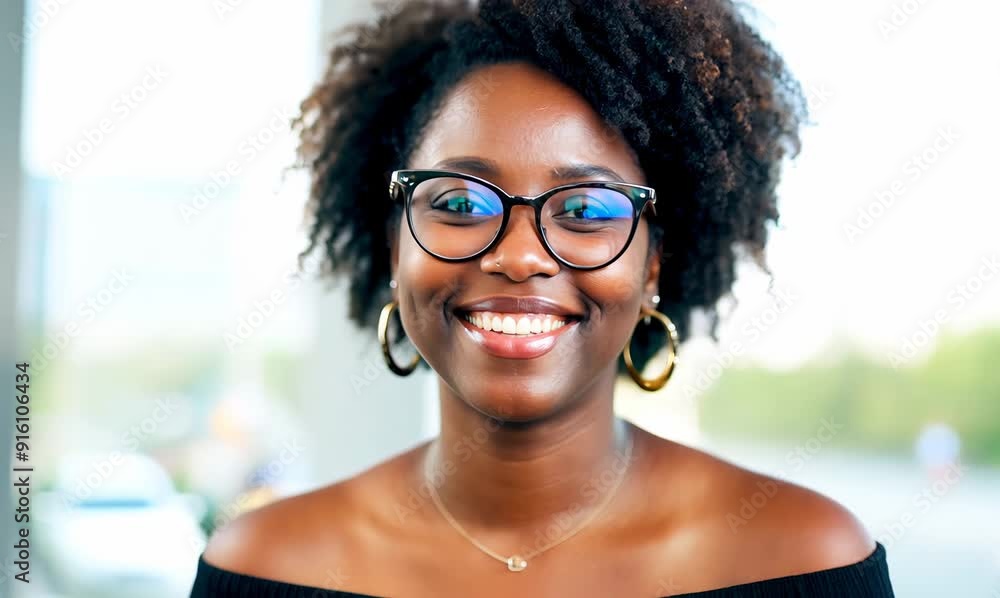happy african american woman in eyeglasses smiling at camera happy african american woman in eyeglasses smiling at camera