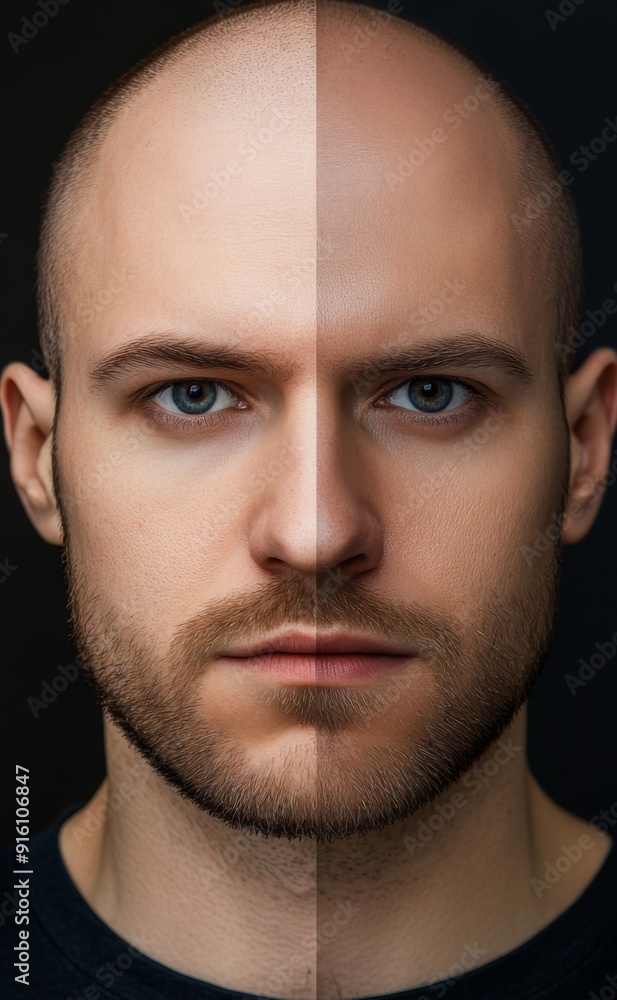 Obraz premium Duality of Light and Shadow: A Portrait of a Man with Half-Illuminated, Half-Shadowed Face on a Clean Background.
