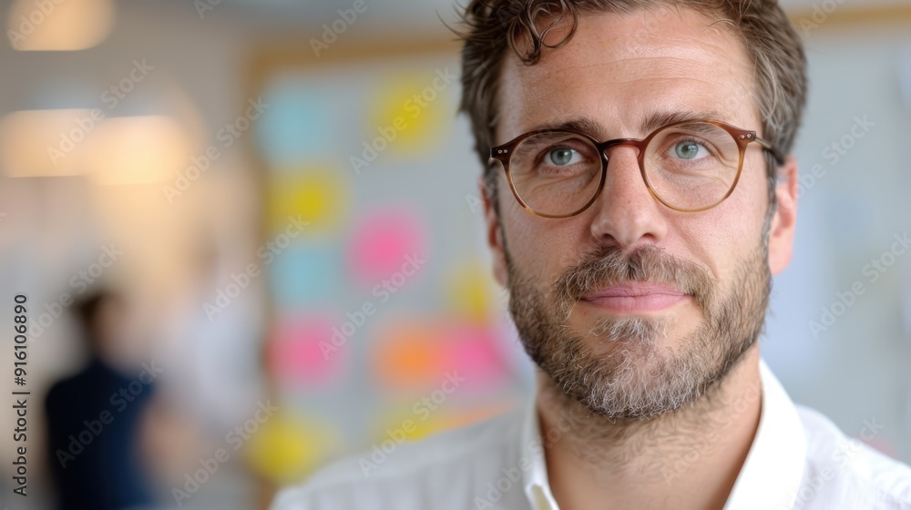 A man in glasses with a serious expression poses indoors, slightly bearded, in front of a blurred backdrop with colorful post-it notes representing a creative work environment. A man in glasses with a serious expression poses indoors, slightly bearded, in front of a blurred backdrop with colorful post-it notes representing a creative work environment.