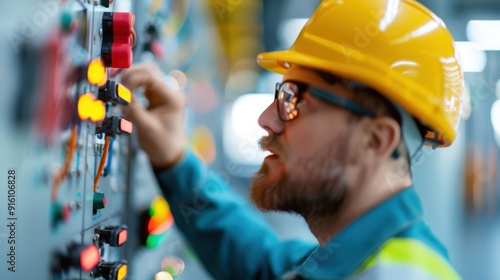 An industrial setting showcasing a worker in a yellow helmet operating control panels, highlighting safety, precision, and the importance of technical skills in a modern work environment. photo