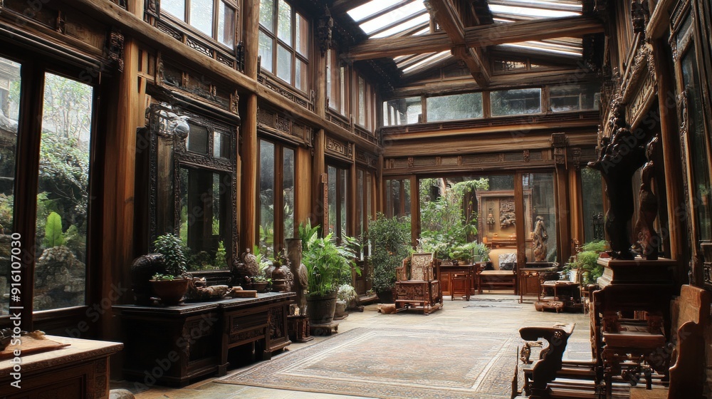 Fototapeta premium A sunlit interior with a glass roof and wooden beams, featuring ornate furniture and potted plants.