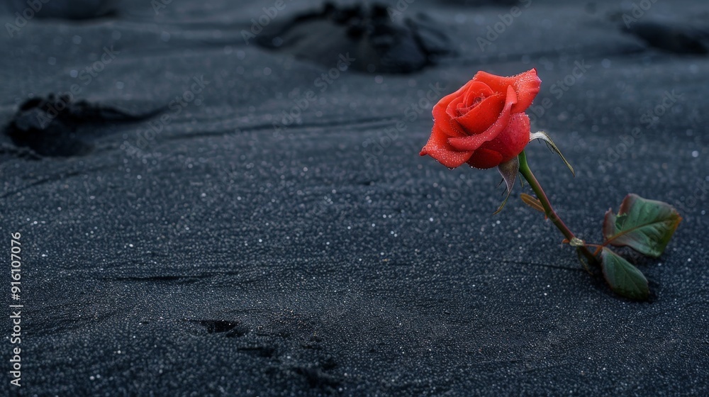 On a quiet black-sand beach at night, a rose flower blooms, its vibrant color contrasting with the dark sand. On a quiet black-sand beach at night, a rose flower blooms, its vibrant color contrasting with the dark sand.