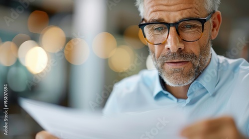 A mature man with glasses and a beard reads a document with deep focus and attention, reflecting a serious and thoughtful engagement with his task in a modern setting. photo