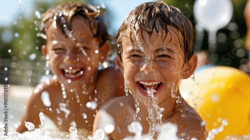Two cheerful children are laughing and splashing water in an outdoor swimming pool, capturing the fun and joy of a sunny day spent together in playful activities.