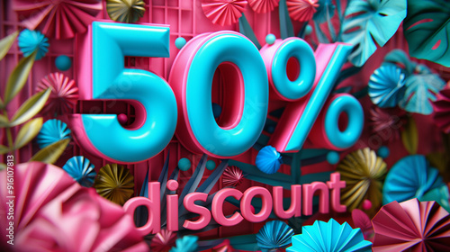 Bright and Colorful 50% Discount Sign with Flowers for Promotional and Sale Photography Themes photo