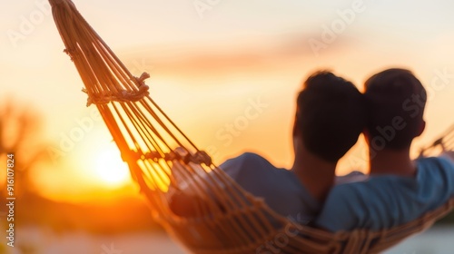 A calming and intimate scene showing two people relaxing together in a hammock while enjoying the picturesque beauty of a golden sunset, signifying relaxation and togetherness.