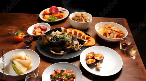 An  variety of delicious dishes carefully arranged on a table. The diverse colors and flavors reflect a festive atmosphere or a sumptuous meal. Perfect for culinary or event-related projects