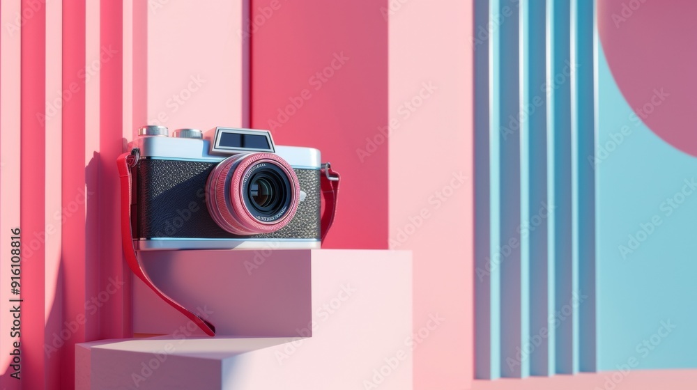 Fototapeta premium Retro film camera on a modern pastel geometric background