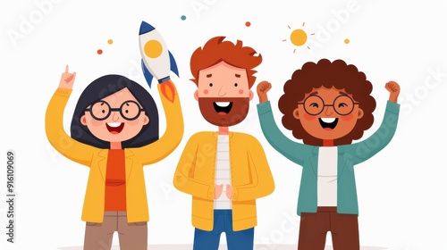 An illustration showing three cartoon characters celebrating with excitement, one holding a toy rocket, representing joy, teamwork, and successful accomplishment.