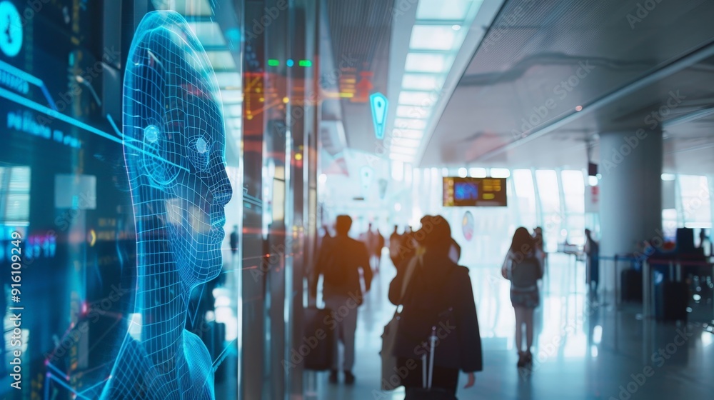 Obraz premium Imagine the technology at a cutting-edge airport, with biometric boarding passes, smart luggage tracking, and virtual assistants guiding travelers.