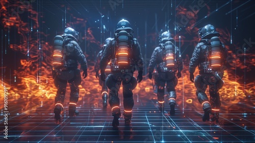 In a cinematic image, five firefighters confidently approach a small fire constructed from digital particles and grids. The scene highlights their bravery and the futuristic aspect of firefighting.