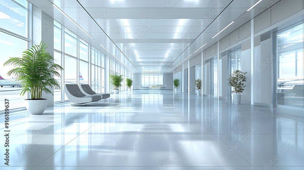 Modern airport terminal hallway with waiting area. Modern airport terminal hallway with waiting area.