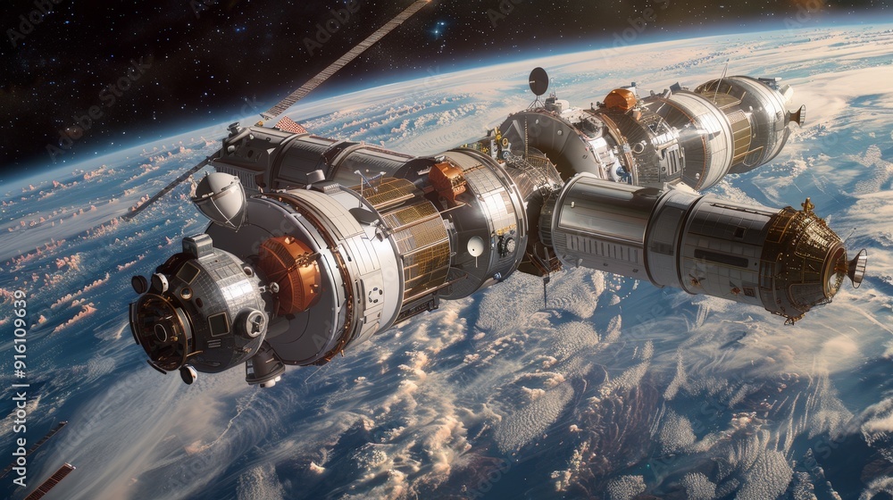 In the boundless realm of space, astronauts are hard at work constructing a space station. Their precision and teamwork are key as they assemble the components 